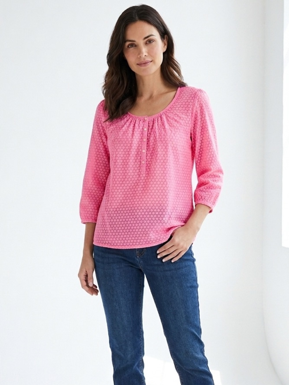 G.H. Bass Pink Floral Henley Cotton Blend Lightweight Blouse Size M